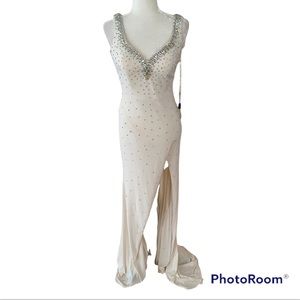 Night Moves Champagne NYE Draped Back Gown